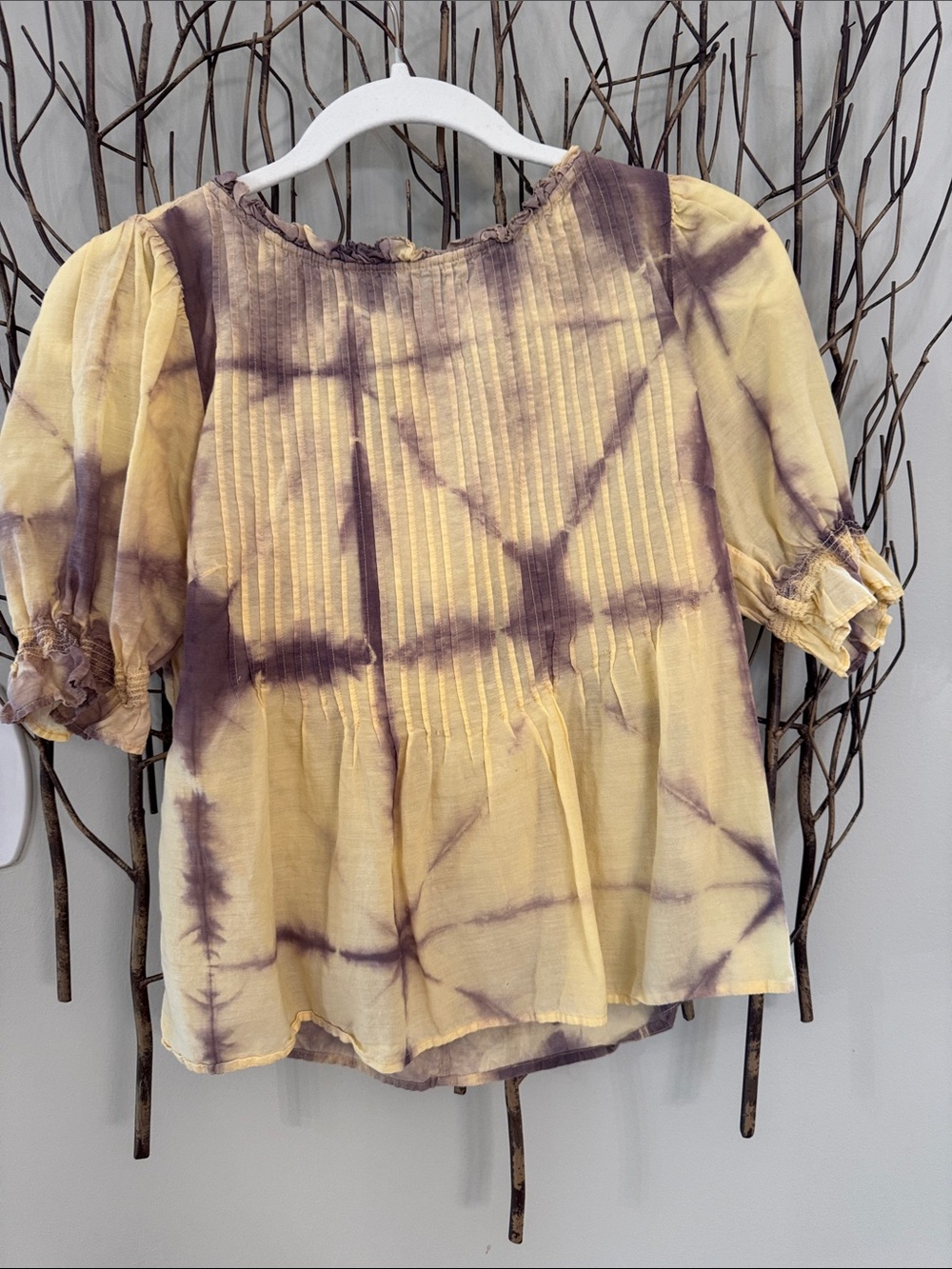 Yellow Tie-Dye Pintuck Puff Sleeve Blouse